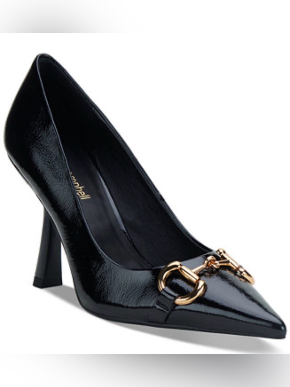 Jeffrey Campbell Black Patent Pointed Toe Pumps with Gold Buckle Accents